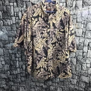 Men's Casual Button Down Shirt - Black and Tan Leaf Print
